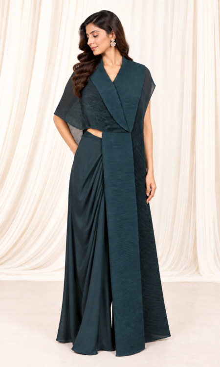 Teal Blue Crushed Cape Top with Drape Pants