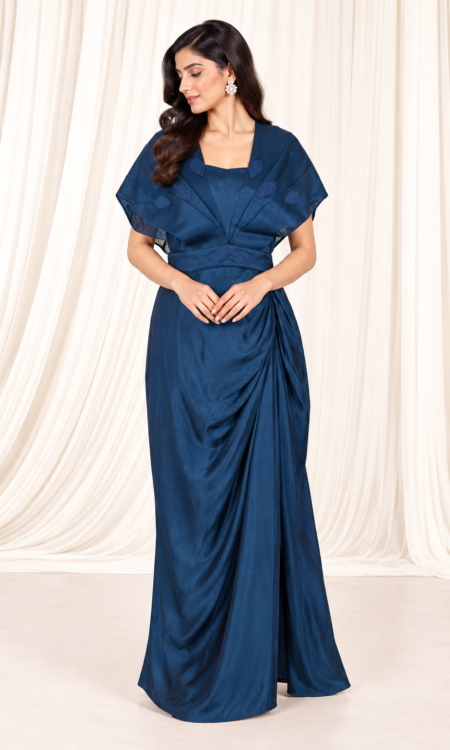 Blue One-Piece Set with Organza Cape