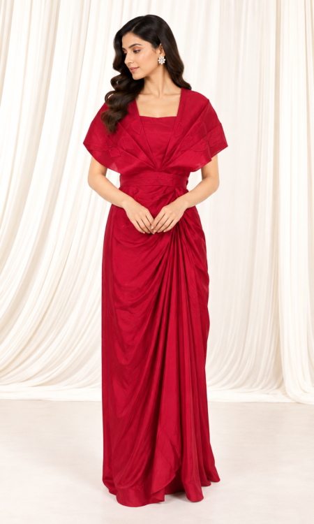 Red One-Piece Set with Organza Cape