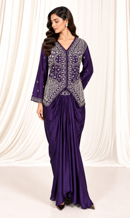 Dark Purple Embroidered Work Jacket Ensemble