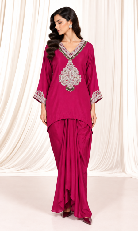 HOT Pink Indo-Western with Embellished Top & Drape Skirt