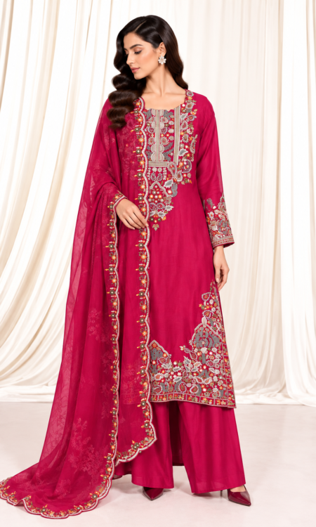 Hot Pink Organza Kurti & Pant Set with Organza Dupatta