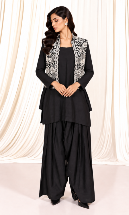 Black & Ivory Embroidered Jacket with patiala Pant
