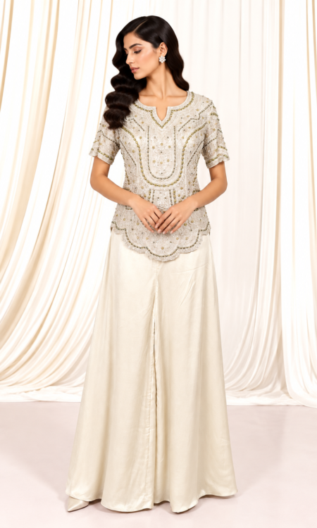 Off-White Indo-Western with Zardozi Embellished Top & Satin Pants