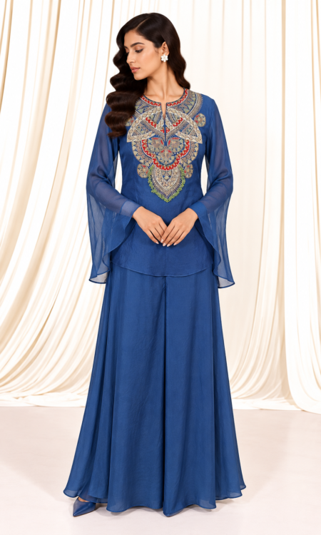 Blue Organza Indo-Western with Zardozi Top & Satin Flared Pants
