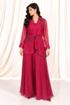 Maroon Organza Co-Ord Set with Green Beaded Top & Satin Pants