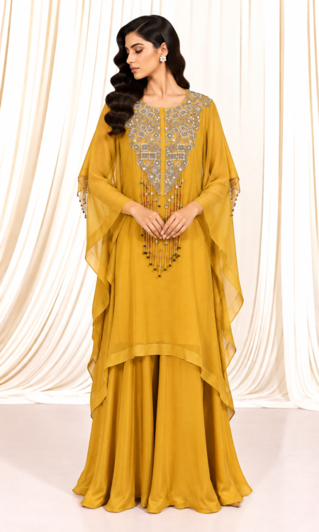 Yellow Organza Kaftan with Zardozi & Beaded Details