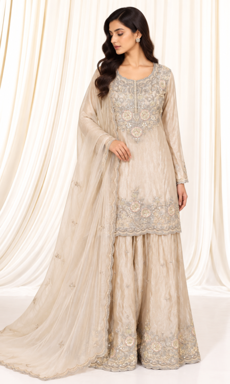 Gold Organza Tissue Sharara Suit with Zardozi Floral Work
