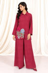Maroon Crushed Falling Silk Co-Ord Set with Floral Embroidery