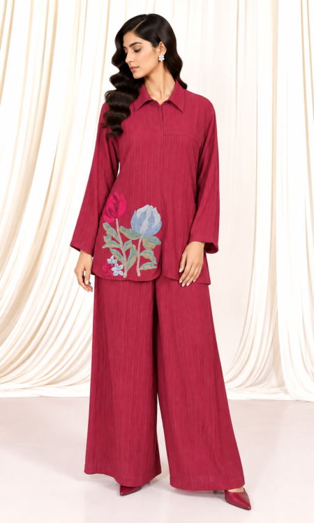 Maroon Crushed Falling Silk Co-Ord Set with Floral Embroidery