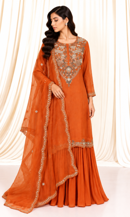 Orange Organza Suit with Zardozi & Sequin Work