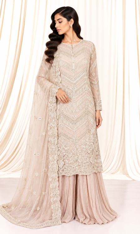 Pastel Baby Pink Organza suit with net work duppatta