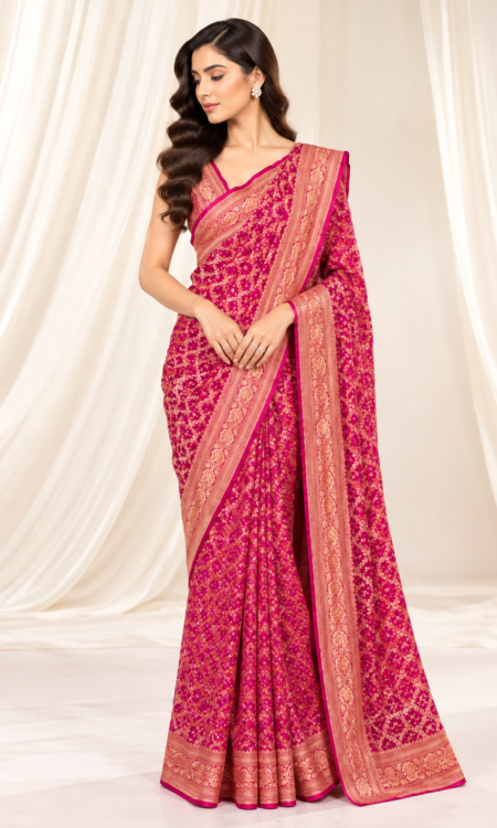 ProPink Rai Dana Bandhej Bandhani Saree with Floral Gold Zari