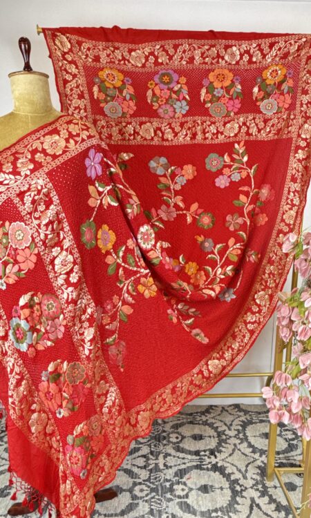 Bandhani Dupatta with Floral Meenakari & Gold Zari