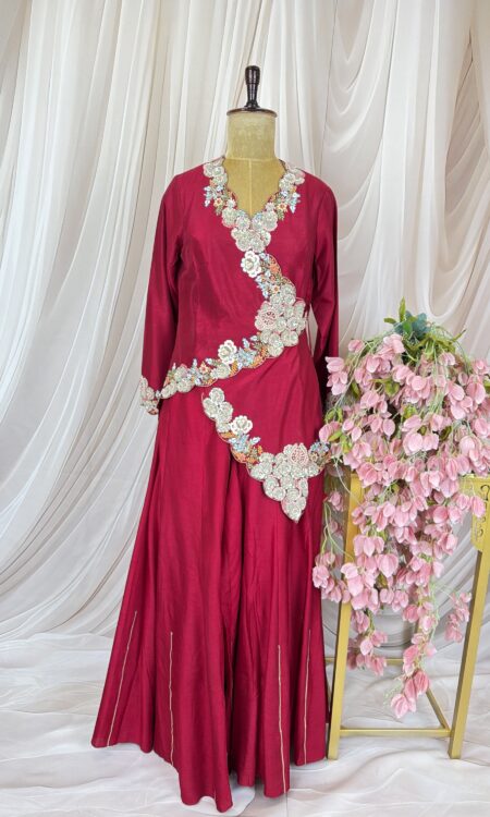 Reddish Maroon Indo-Western with Embroidered Floral Flared Pants