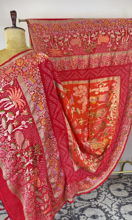 Red to Orange Bandhani Dupatta with Shrinath Ji & Cow Motifs