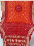Red to Orange Bandhani Pilya Dupatta with Floral Gold Zari