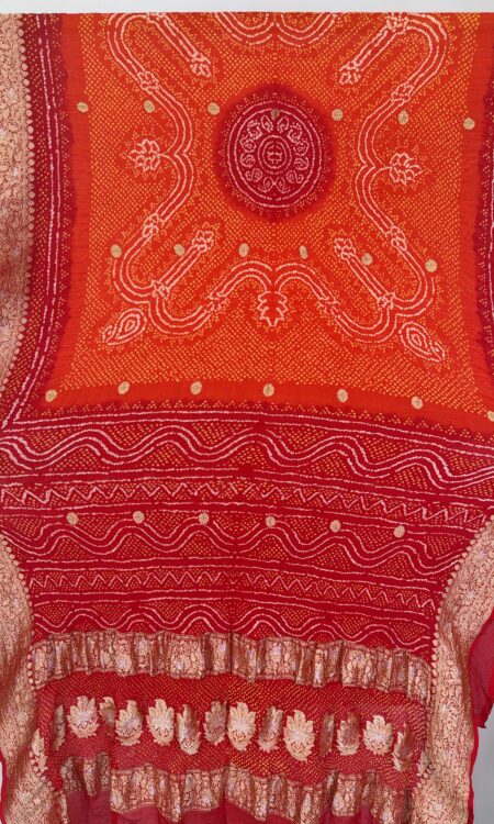 Red to Orange Bandhani Pilya Dupatta with Floral Gold Zari