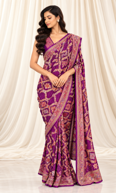 Jamun Bandhani Saree with Floral Meenakari Weaving