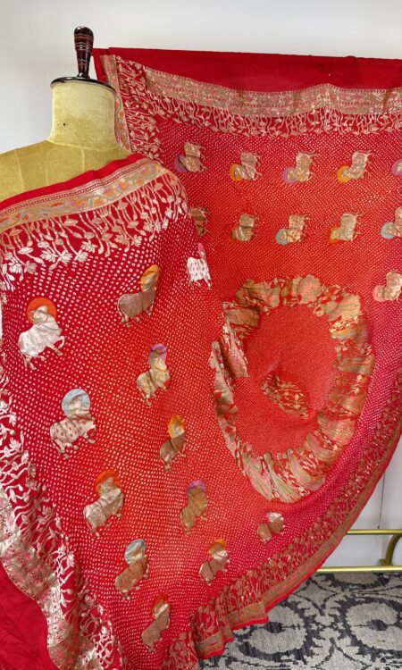 Red to Orange Radha Krishna Bandhani Dupatta with Meenakari & Gold Zari