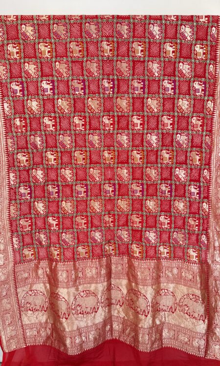 Red Bandhani Gajraj Dupatta with Elephant & Parrot Motifs