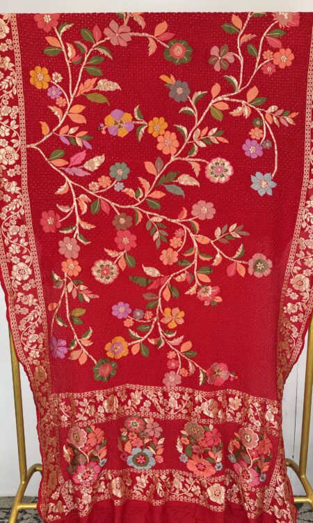 Red Bandhani Silk Dupatta with Floral Meenakari & Gold Zari