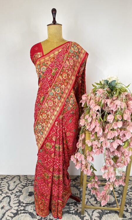 Red Bandhani Saree with Blue-Green Floral Meenakari Weaving