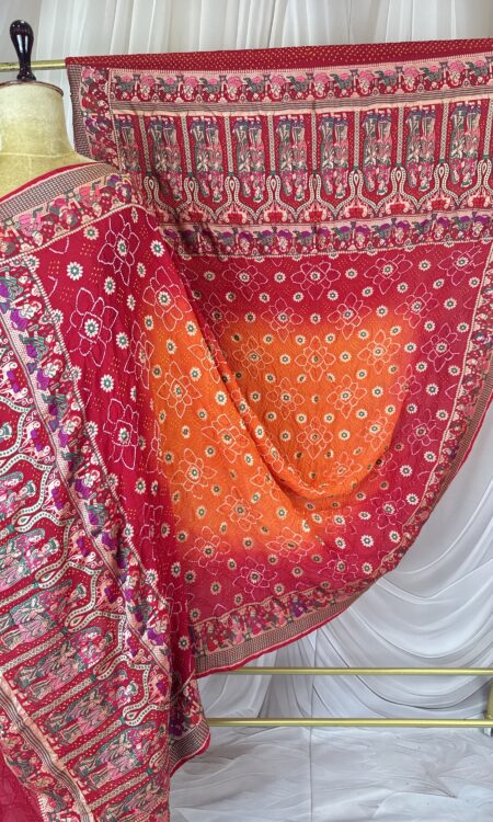 Red to Orange Bandhani Pilya Dupatta with Raja Rani Motifs