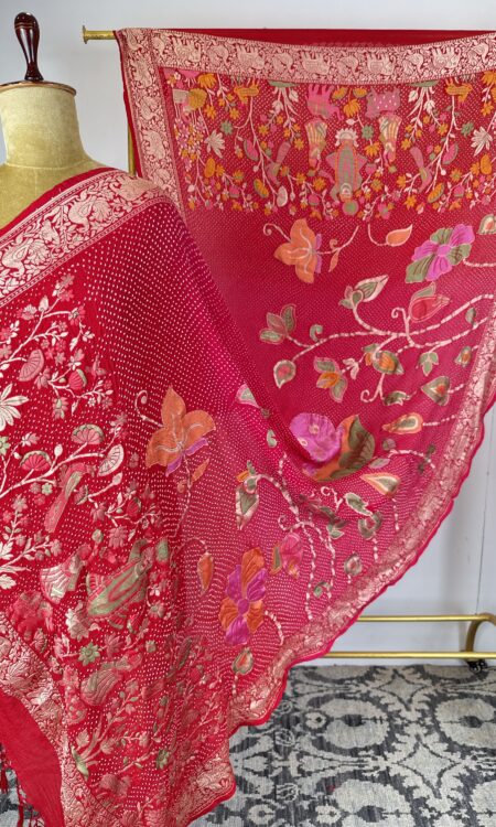 Red to Pink Bandhani Georgette Dupatta with Shrinath Ji