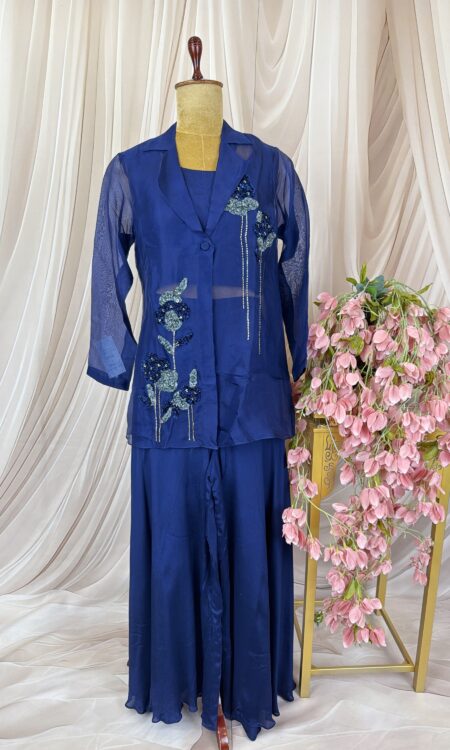Royal Blue Crushed Falling Silk Co-Ord Set with Organza Jacket