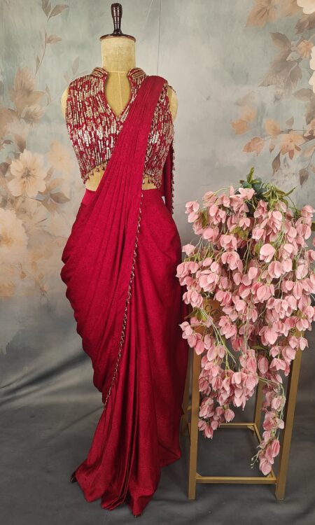 Red drape saree with sequence blouse