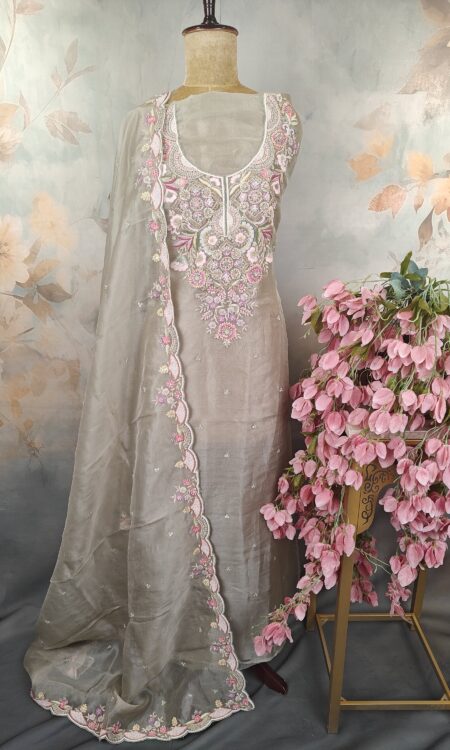 An elegant sage-grey organza unstitched suit