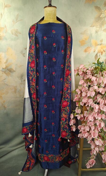 deep navy-blue silk unstitched suit