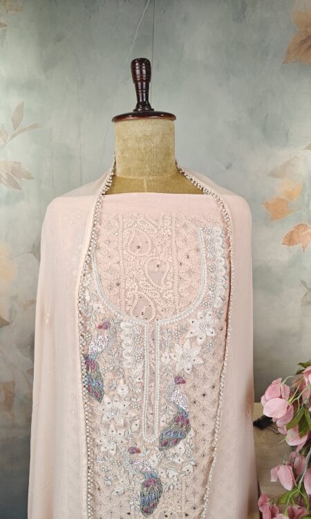 blush pink georgette unstitched suit with Lucknowi work