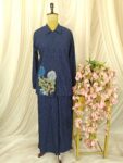 Navy Blue Crushed Falling Silk Co-Ord Set with Floral Embroidery