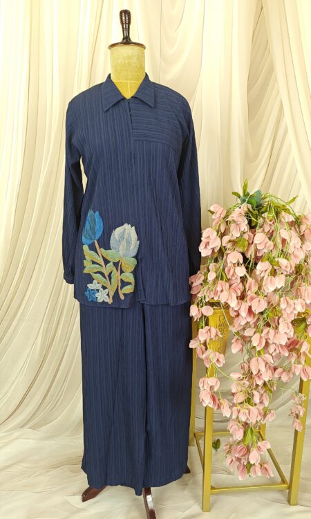 Navy Blue Crushed Falling Silk Co-Ord Set with Floral Embroidery