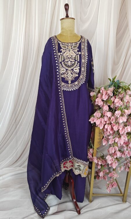 Deep Purple Organza Kurti Set with Embroidered Dupatta