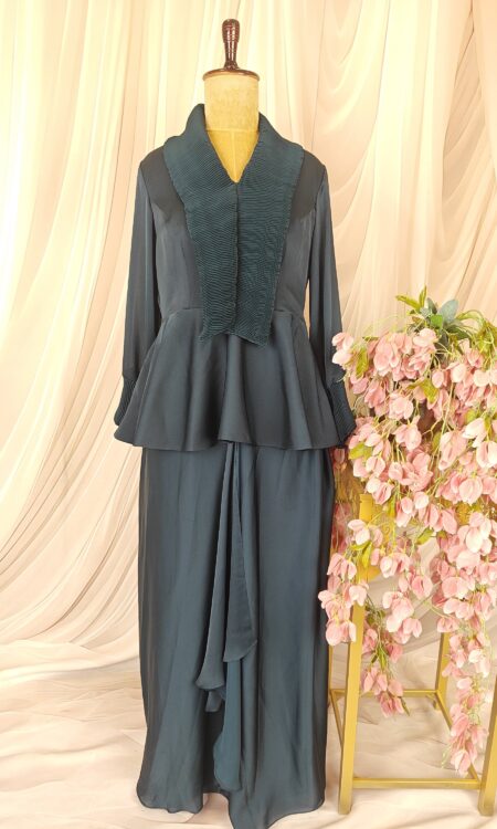 Teal Blue Crushed Peplum Top with Drape Skirt