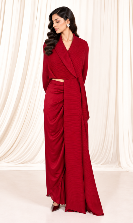 Red Crushed Cape-Style Top with Drape Pants