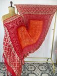 Red to Orange Bandhani Pilya Dupatta with Floral Gold Zari