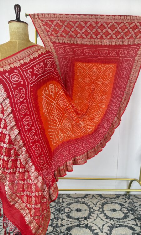 Red to Orange Bandhani Pilya Dupatta with Floral Gold Zari