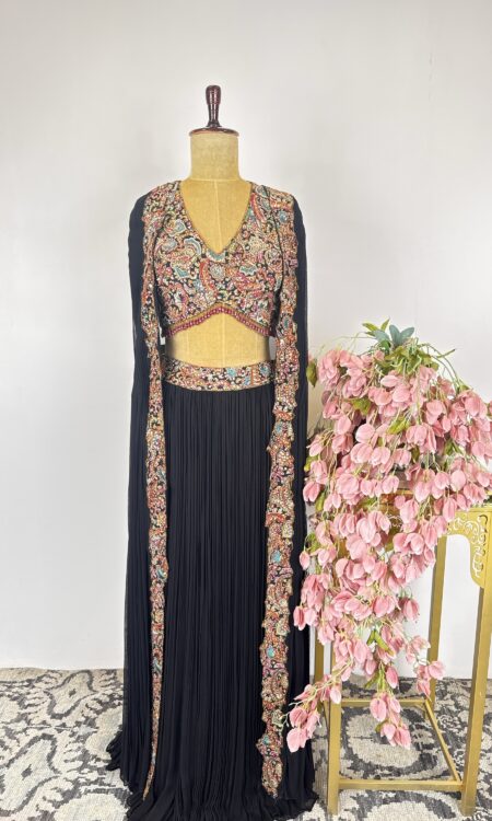 Black Indo-Western with Embellished Top, Cape & Flared Pants