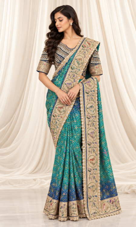 Blue to Navy Bandhani Pre-Draped Saree with Pearl Blouse