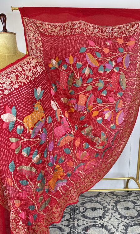 Shrinath Ji Bandhani Dupatta with Floral & Cow Motifs