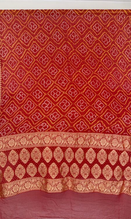 Red Rai Dana Bandhani Dupatta with Floral Gold Zari Work