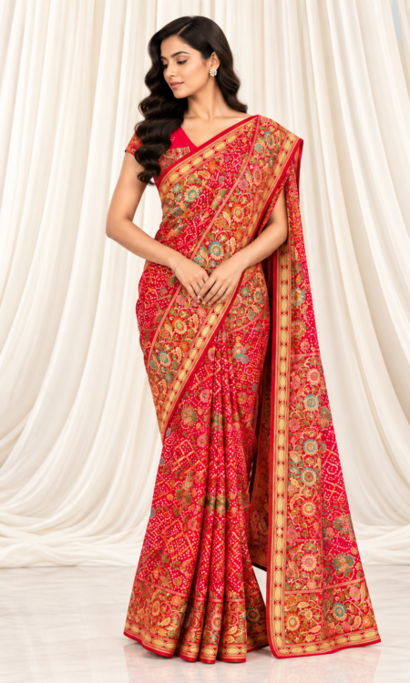 Red Bandhani Saree with Blue-Green Floral Meenakari Weaving