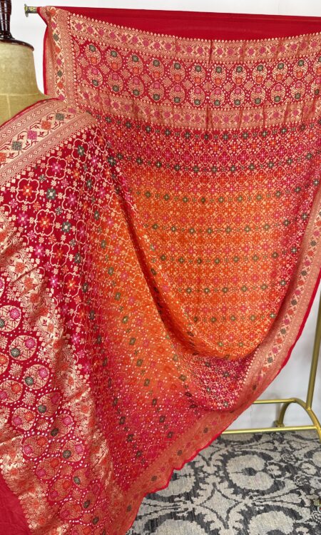 Red to Orange Bandhani Dupatta with Floral Meenakari & Gold Zari