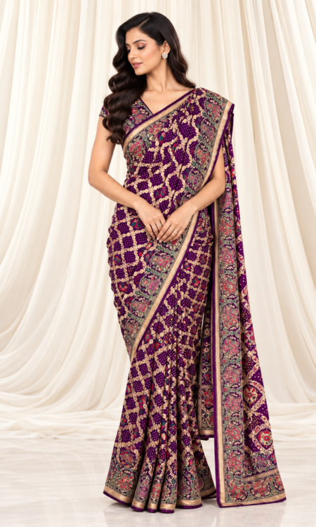 Jamun Bandhani Saree with raja rani concept and birds motifs