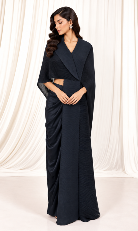Black Crushed Cape-Style Top with Drape Pants