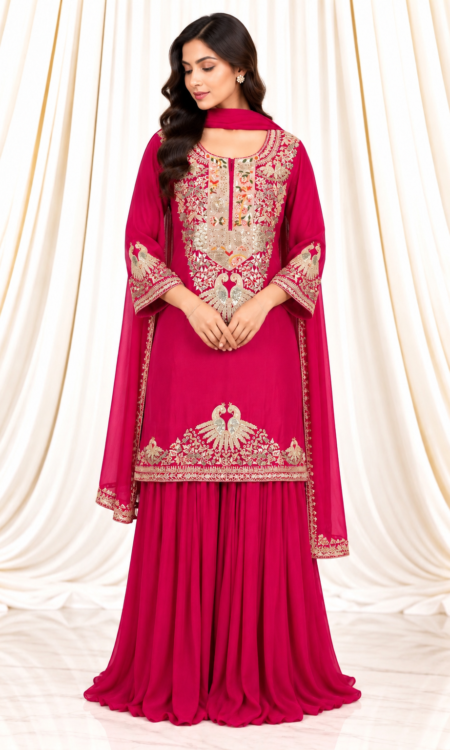 Hot Pink Organza Suit with Garara & Gota-Bordered Dupatta